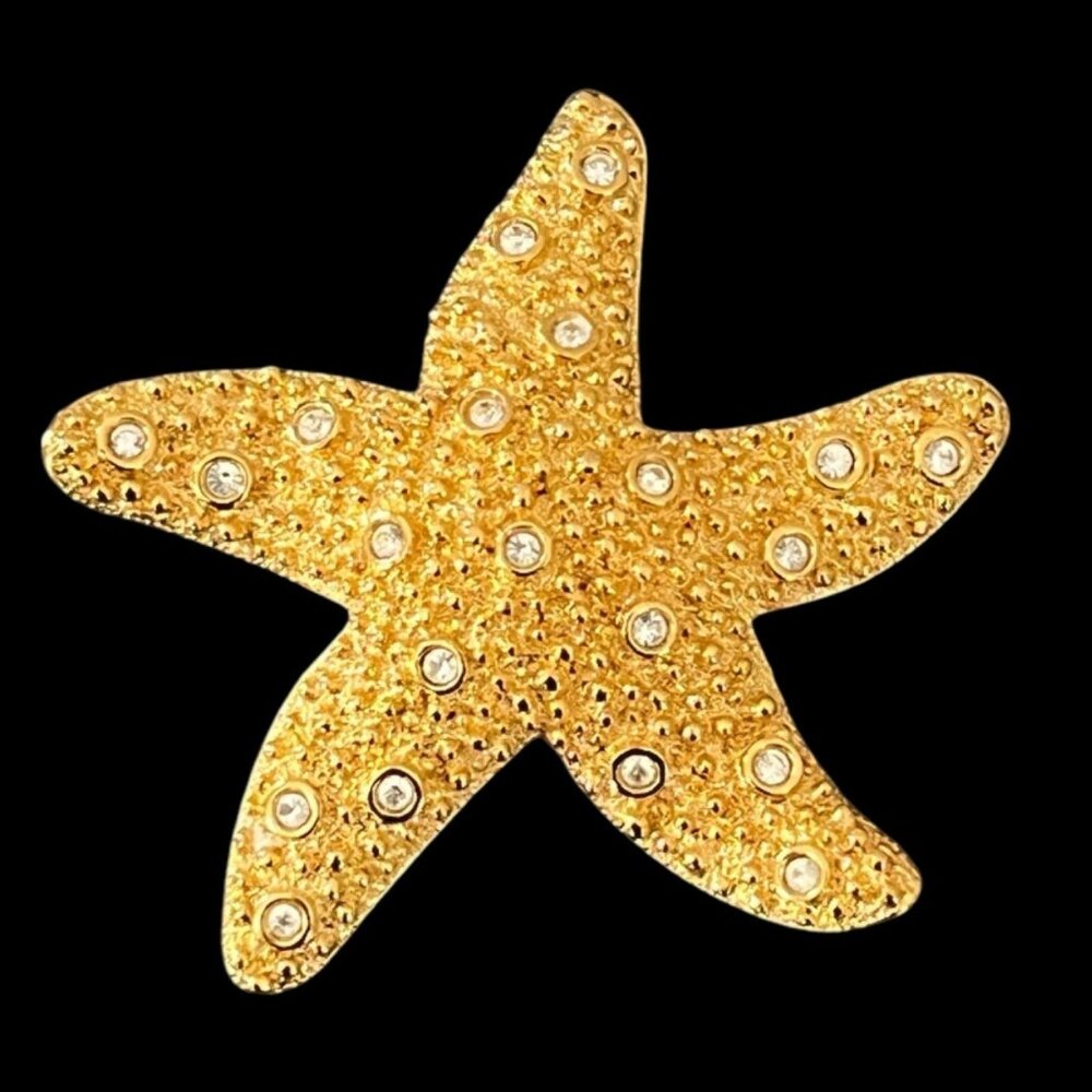Vintage Swarovski Swan Textured Gold Tone Crystal Nautical Starfish Brooch Pin